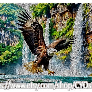 May include: A digital art print of an eagle in flight, set against a backdrop of waterfalls and lush green foliage. The eagle has brown and white feathers, with its wings spread wide. The image includes the text: https://www.etsy.com/shop/CYOstore.