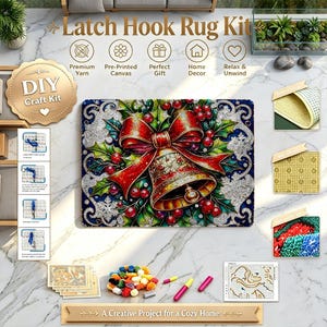 May include: A latch hook rug kit featuring a central design of a gold bell with a red bow, holly leaves, and berries. The kit includes pre-printed canvas, yarn bundles, a latch hook tool, and instructional diagrams on a marble surface.