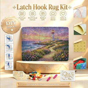 May include: A latch hook rug kit featuring a finished rug with a lighthouse landscape, colorful yarn bundles, a latch hook tool, and instructional diagrams. The kit includes a pre-printed canvas, premium yarn, and a non-slip backing for the rug.