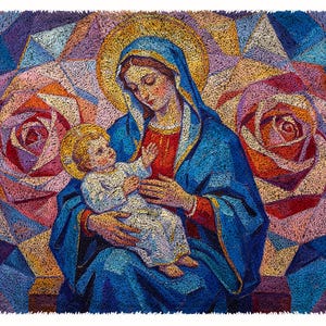 May include: An artwork showing the Virgin Mary cradling baby Jesus, set against a backdrop of geometric shapes and roses. The image is rich in colour, with blues, reds, and golds. The figures are surrounded by a halo.