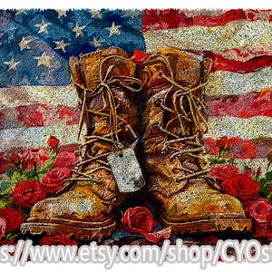 May include: A painting of brown combat boots with a dog tag, set against the American flag and red roses. The boots have laces, and the flag has red and white stripes and a blue section with white stars. The image has a textured effect.