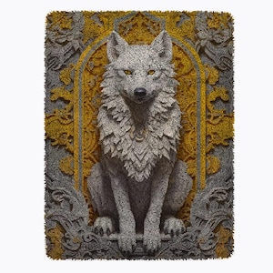 May include: A white wolf sculpted from a textured material, sitting on a yellow and gray patterned rug. The wolf is facing forward with its mouth closed and its eyes open.