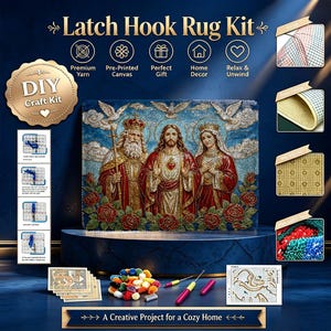 May include: A latch hook rug kit featuring a religious scene with three figures in red robes, surrounded by roses and doves. The kit includes pre-printed canvas, colorful yarn bundles, a latch hook tool, and instructional cards for a DIY craft project.