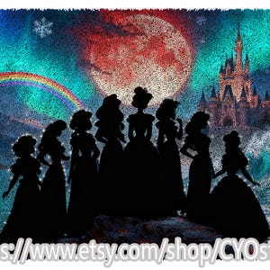 May include: A digital art print featuring the silhouettes of eight princesses against a backdrop of a rainbow, a castle, and a large red moon. The background is a mix of teal, blue, and red hues, with a snowflake in the upper left corner.