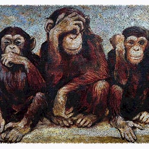 May include: Three monkeys, each covering a different part of their face. The monkey on the left is covering its mouth, the middle monkey is covering its eyes, and the monkey on the right is covering its ears. The monkeys are all sitting on a textured surface.