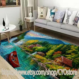 May include: A colorful area rug with a scenic landscape design featuring a blue lake, green trees, and a red boat. The rug has a pixelated appearance, giving it a unique and modern look.