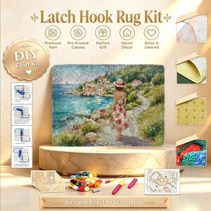May include: A latch hook rug kit featuring a coastal landscape scene with a person in a floral dress walking on a path. The kit includes pre-printed canvas, yarn bundles, a latch hook tool, and instructional diagrams for a DIY craft project.