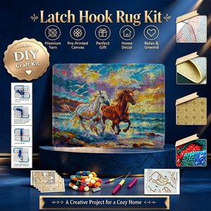 May include: A latch hook rug kit featuring a finished rug with two horses running on a beach at sunset. The kit includes pre-printed canvas, colorful yarn bundles, a latch hook tool, and instructional diagrams on a dark blue background.