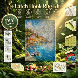 May include: A latch hook rug kit featuring a finished rug with a coastal landscape of boats on blue water near buildings. The kit includes pre-printed canvas, colorful yarn bundles, a latch hook tool, and instructional cards for crafting.
