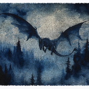 May include: A watercolour painting of a black silhouette of a dragon flying over a dark blue forest. The dragon has large wings and a long tail. The forest is made up of tall, thin trees.