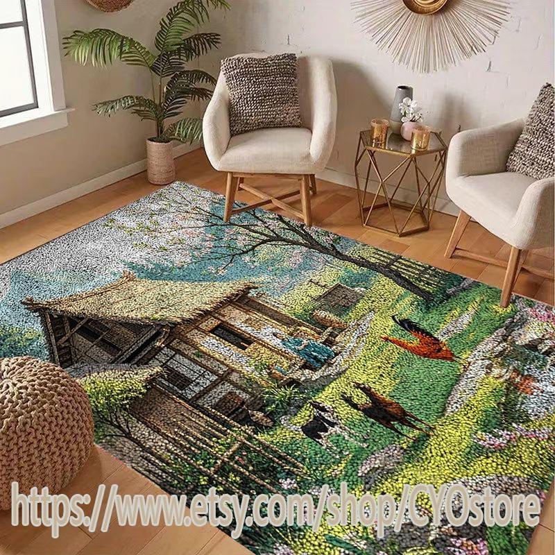 Shanye Farmhouse DIY Latch Hook Rug Kit Stamped Non-Slip Mat Crochet Yarn Hook and Latch Embroidery Tapestry Festival Gift Handmade Carpet