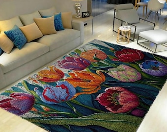 Tulip Flower Latch Hook Rug Kit: DIY Floral Carpet Decoration
