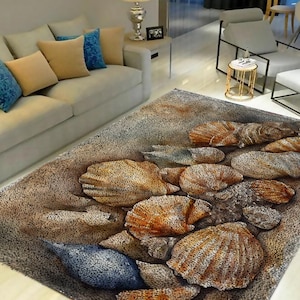 May include: A beige and brown area rug with a seashell design. The rug features a variety of seashells in shades of brown, beige, and white, arranged in a random pattern. The rug is made of a soft, plush material.
