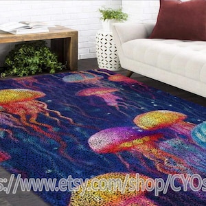 Latch Hook Kits, Large Latch Hook Rug Kit for Adults Latch Hook Kits with Printed Canvas Cartoon jellyfish Decoration