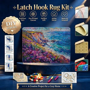 May include: A latch hook rug kit featuring a coastal landscape with purple flowers and blue ocean waves. The kit includes pre-printed canvas, colorful yarn bundles, a latch hook tool, and instructional cards displayed on a dark blue circular platform.
