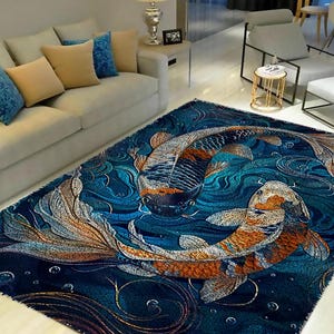 Könnte beinhalten: Ein blauer Teppich mit einem Muster aus zwei Koi-Karpfen, die in einem wirbelnden Muster schwimmen. Die Fische sind orange, weiß und grau. Der Teppich hat eine strukturierte Oberfläche.