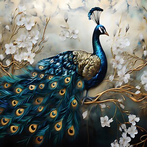 May include: A vibrant painting of a peacock with a long, flowing tail, perched on a golden branch. The peacock's feathers are a mix of blue, teal, and gold. White flowers and gold branches add to the elegant design.