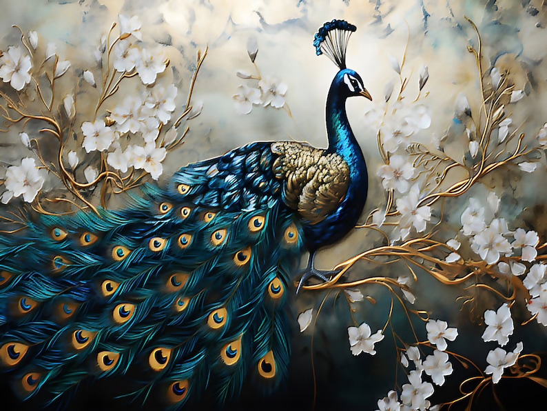 May include: A vibrant painting of a peacock with a long, flowing tail, perched on a golden branch. The peacock's feathers are a mix of blue, teal, and gold. White flowers and gold branches add to the elegant design.