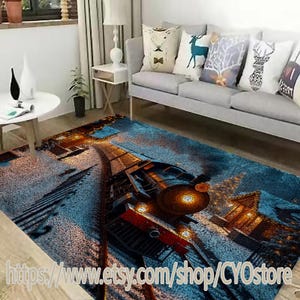 Kit para alfombra de gancho con diseño de tren: lienzo preimpreso, base antideslizante.