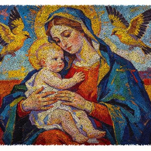 May include: An artwork showing the Virgin Mary with baby Jesus, flanked by two yellow birds. The image is created with a textured effect, with halos around the figures' heads. The colour scheme features blues, oranges, and yellows.
