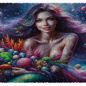 May include: A mermaid with long purple hair holds a bouquet of colorful coral, seashells, and pearls. The background is a dark blue with bubbles and jellyfish.