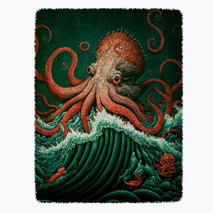 May include: A red octopus with large eyes emerges from a green wave. The octopus has eight tentacles and is surrounded by swirling water. The background is a dark green color.