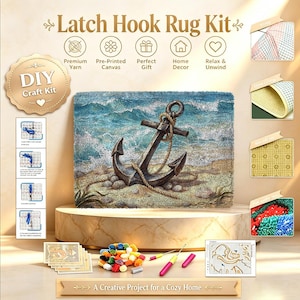 May include: A latch hook rug kit featuring a finished rug with a nautical anchor design on a sandy beach with ocean waves. The kit includes pre-printed canvas, colorful yarn bundles, a latch hook tool, and instructional diagrams for assembly.
