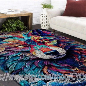 May include: A colorful rug with a mosaic-style wolf design. The wolf's face is prominent, with a blue, purple, red, and yellow color scheme.