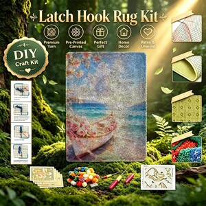 May include: A latch hook rug kit featuring a finished rug with a boat on a beach scene. The kit includes pre-printed canvas, colorful yarn bundles, a latch hook tool, and instructional cards. The design displays a boat near blue water.