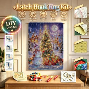 May include: A Latch Hook Rug Kit featuring a Christmas scene with a snowman, a decorated tree, and gifts. Includes pre-printed canvas, yarn bundles, and tools. The kit displays instructional diagrams, text labels, and close-up fabric swatches.