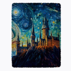 May include: A painting of Hogwarts castle in a starry night sky, reminiscent of Van Gogh's Starry Night. The castle is depicted in a dark blue and yellow color scheme, with a swirling sky filled with stars.