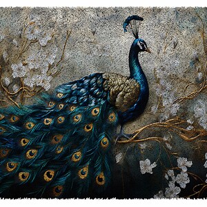 May include: A decorative image of a peacock with vibrant blue and gold plumage, perched on a branch with white flowers and gold accents. The background has a textured, neutral tone, creating a striking contrast with the bird's colors.