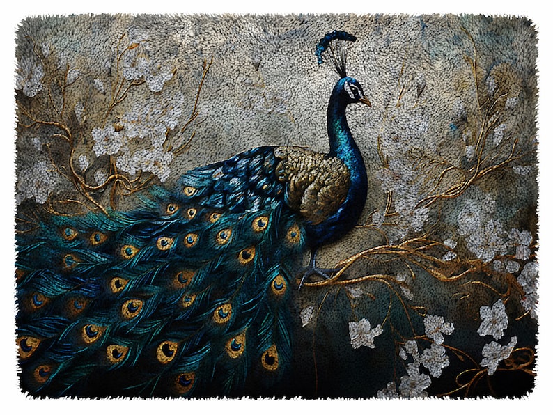 May include: A decorative image of a peacock with vibrant blue and gold plumage, perched on a branch with white flowers and gold accents. The background has a textured, neutral tone, creating a striking contrast with the bird's colors.