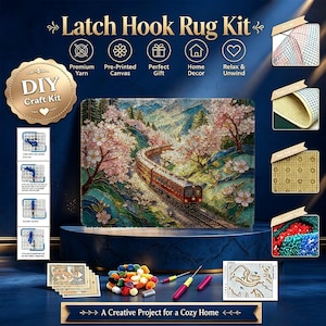 Puede incluir: Un kit de alfombra de ganchillo con un tren que viaja a través de un paisaje con cerezos en flor. El kit incluye lienzo preimpreso, paquetes de hilo, una herramienta de gancho e instrucciones. El diseño muestra un tren rojo en vías.