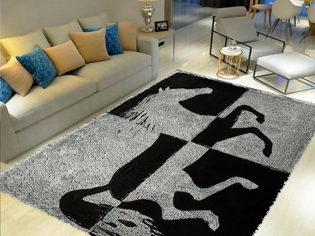 ラッチフックラグキット：白黒馬、DIYタペストリーカーペット/すべての