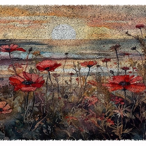 May include: A rug depicting a sunset over a body of water with red poppies in the foreground. The rug has a textured, fuzzy surface.