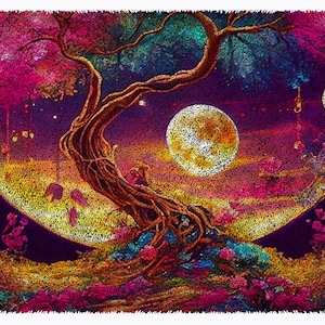 May include: A colorful, abstract painting of a tree with a large, bright moon in the background. The tree has a thick trunk and branches that reach up towards the moon. The moon is surrounded by a ring of stars. The painting is done in a style that is reminiscent of impressionism.