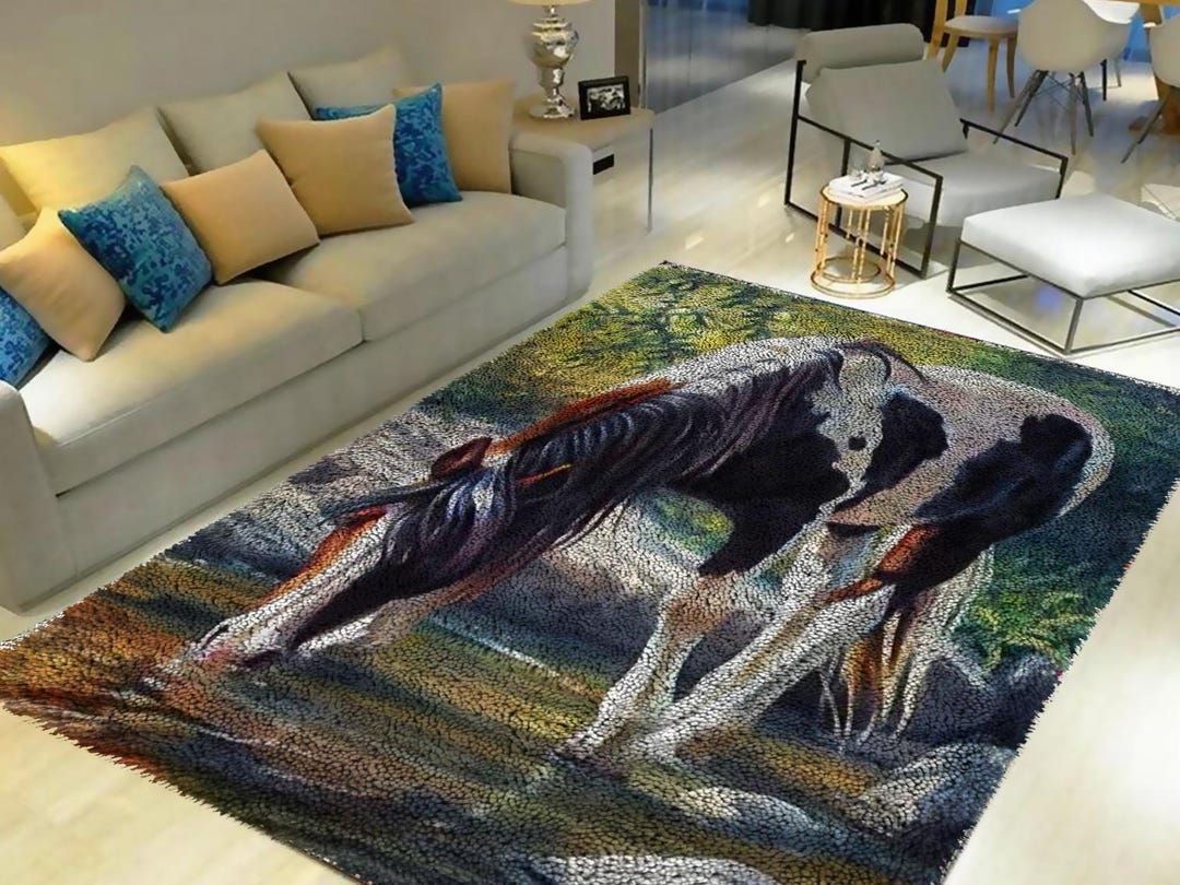 馬のラッチフックラグキット：大型DIYタペストリー、プリント