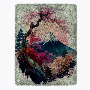 May include: A digital painting of a mountain scene with a large tree in the foreground. The mountain is blue and white, and the tree is brown with pink and purple flowers. The background is a light gray color.