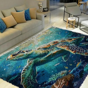 May include: A blue and green rug featuring a large sea turtle swimming in the ocean. The rug has a realistic design with coral reefs and fish.