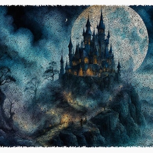 May include: A dark, mysterious castle sits atop a hill, illuminated by a large, full moon. The castle has many towers and windows, and the moon is surrounded by clouds. The scene is set in a dark, forested area.