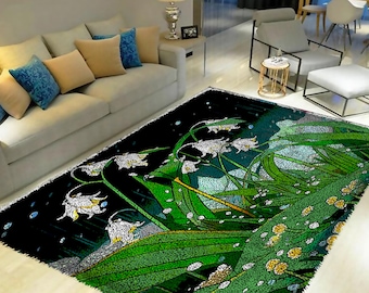 White Flower Latch Hook Rug Kit: DIY Tapestry Carpet