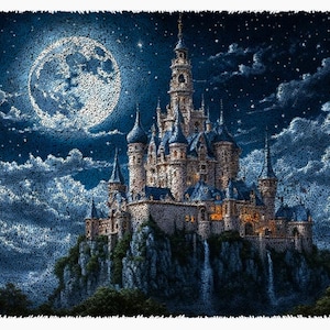 May include: A fairytale castle with a large, full moon in the background. The castle is perched on a rocky cliff with waterfalls cascading down the sides. The sky is dark blue with white clouds and stars.