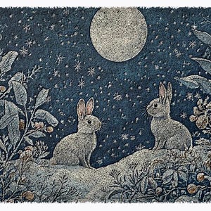 Puede incluir: Dos conejos blancos se sientan en una colina nevada bajo una luna llena. El cielo es azul oscuro con copos de nieve blancos que caen. Los conejos se miran.