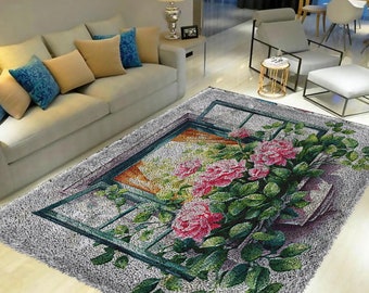 Floral Window Latch Hook Rug Kit: DIY Tapestry Carpet, Adult Craft/All Materials Included