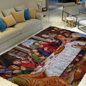 May include: A rug with a colorful depiction of the Last Supper, featuring a long table with people seated around it. The rug has a white background with a textured, fuzzy surface.