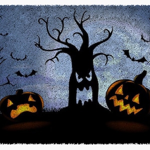 May include: A spooky Halloween scene with a silhouette of a gnarled tree with a menacing face, three jack-o'-lanterns with glowing orange faces, and bats flying in the night sky.