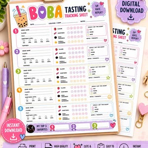 May include: A printable Boba Tasting Tracking Sheet on a clipboard with colorful graphics. The sheet includes sections for five drinks, rating scales for flavor, sweetness, and boba chewiness, and a section for top three favorites with the text Sip. Rate. Repeat.