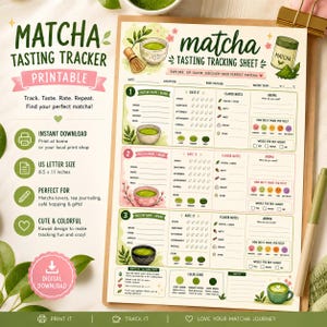 May include: A printable matcha tasting tracker sheet featuring three sections for recording tea details, flavor notes, aroma, and ratings. The document includes illustrations of matcha bowls, a whisk, and a jar, with text fields for date, location, prep method, and water temperature in 8.5 x 11 inches.
