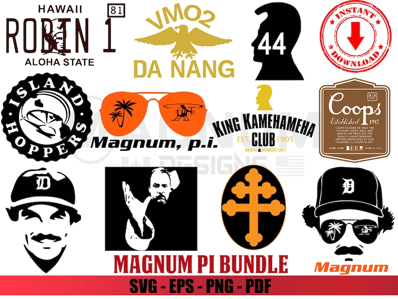 May include: A digital download bundle of 10 vector graphics in SVG, EPS, PNG, and PDF formats. The graphics include a variety of designs, including a Hawaiian license plate, a silhouette of a man's head, a cross, a helicopter, a pair of sunglasses, and a beer label. The graphics are all in black and white, with the exception of the sunglasses, which are orange.